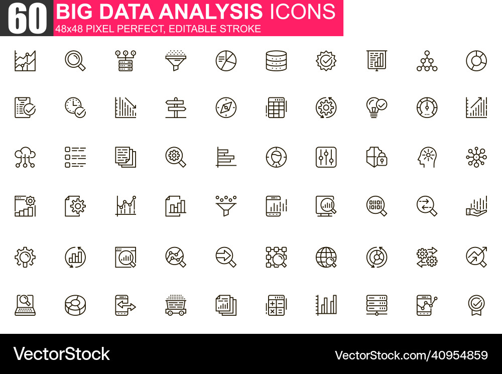 Big data analysis thin line icon set vector image