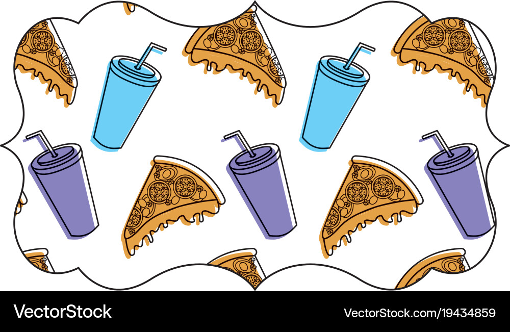 Frame with pizza and soda pattern background Vector Image