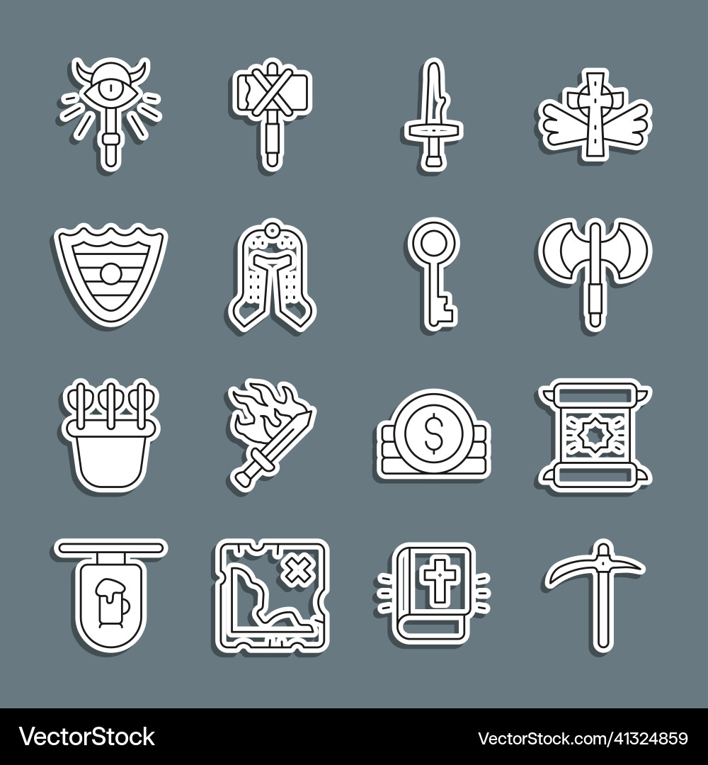 Set line pickaxe decree parchment scroll Set line pickaxe decree parchment scroll vector image