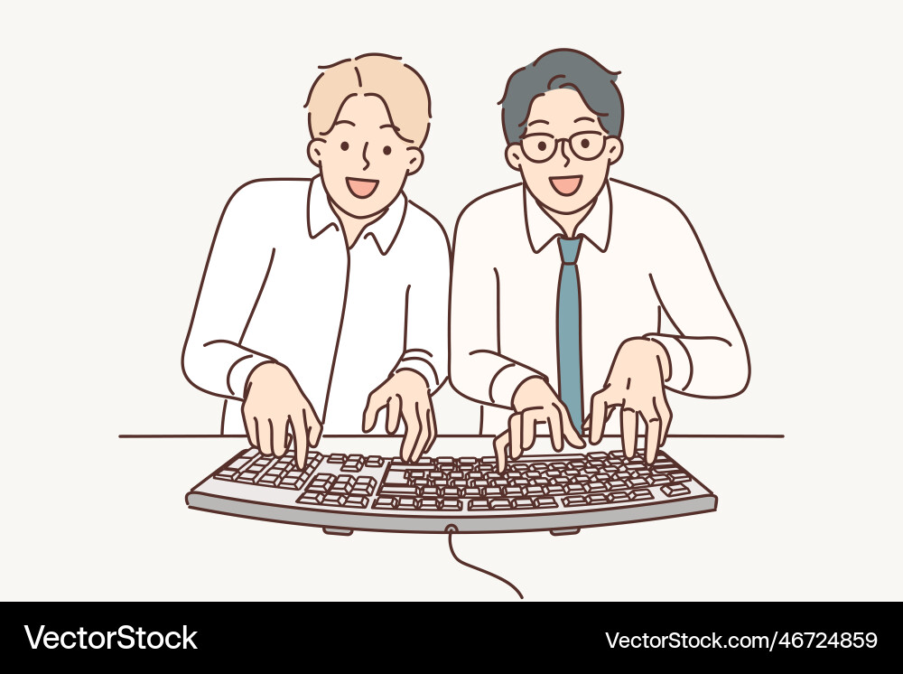 Two man computer geeks use keyboard to type code vector image