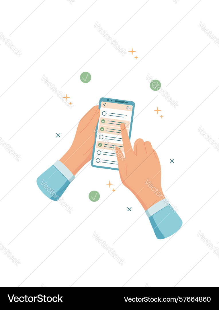 Hands hold smartphone with task list Hands hold smartphone with task list Vector Image