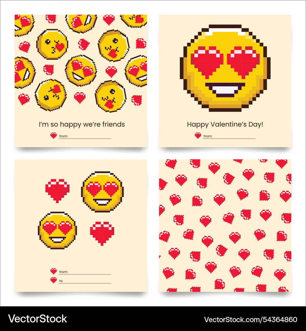 Pixel art emoji valentines day greeting card set Pixel art emoji valentines day greeting card set vector image