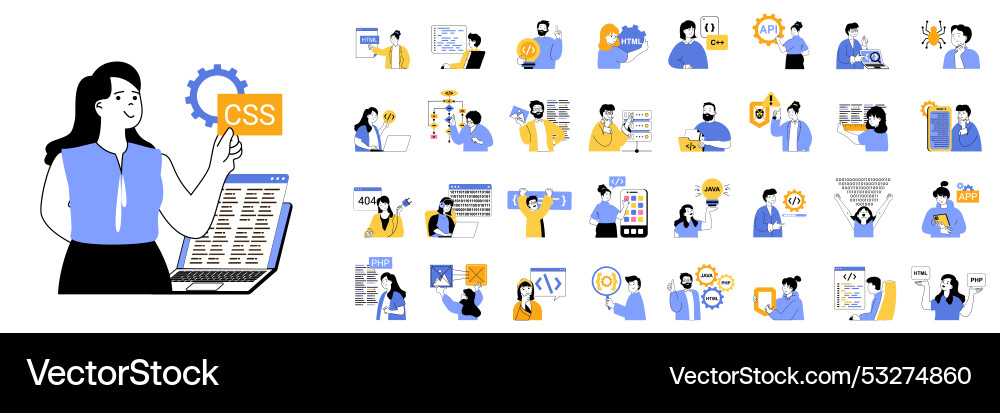 Programming concept mega set with character scenes Programming concept mega set with character scenes vector image