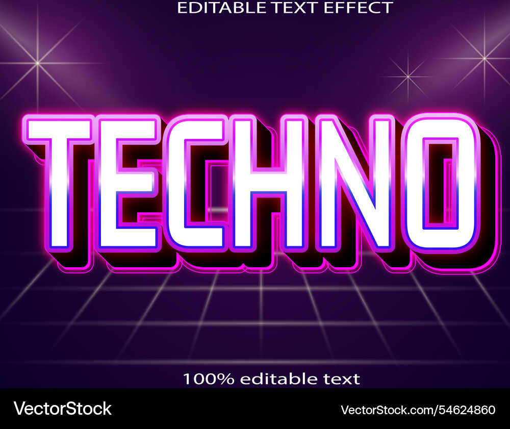 Techno editable text effect 3d emboss neon style Techno editable text effect 3d emboss neon style Vector Image