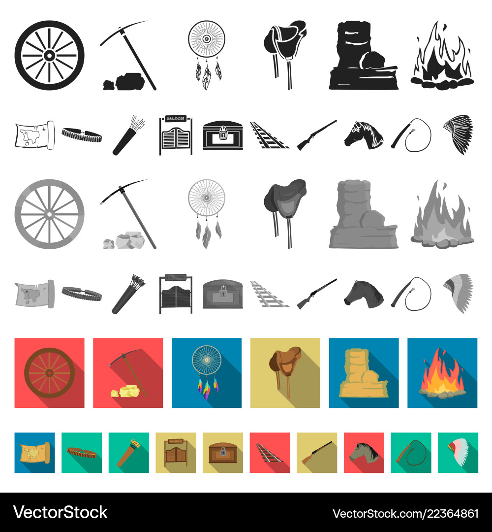 Attributes of the wild west flat icons in set Vector Image