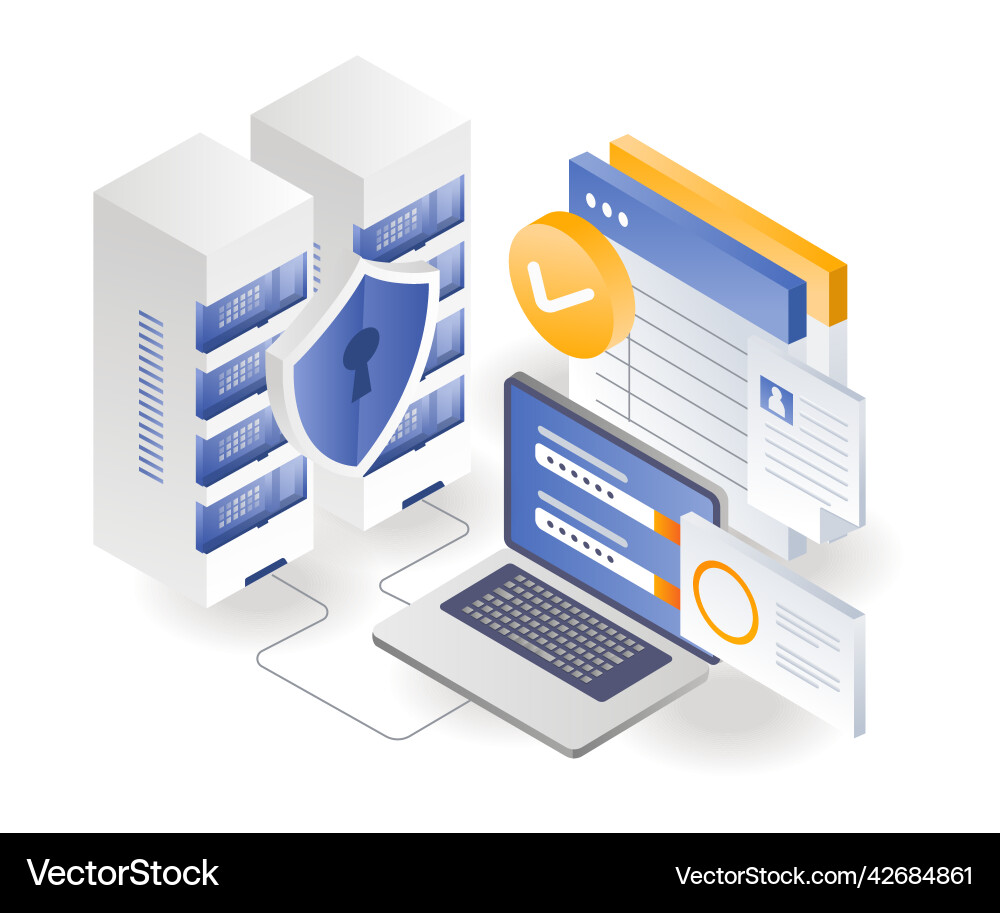 Flat isometric concept store data on secure Flat isometric concept store data on secure vector image