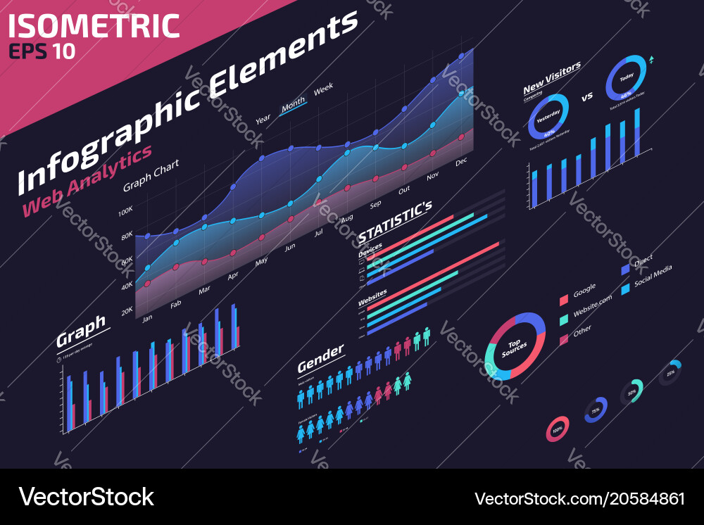 Isometric Web Analytics Chart Elements vector image