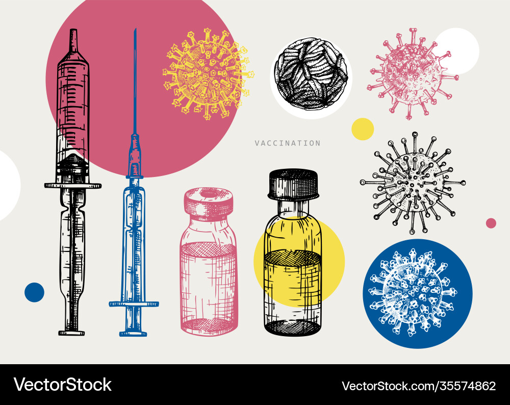 Coronavirus vaccine set hand sketched concept Coronavirus vaccine set hand sketched concept vector image