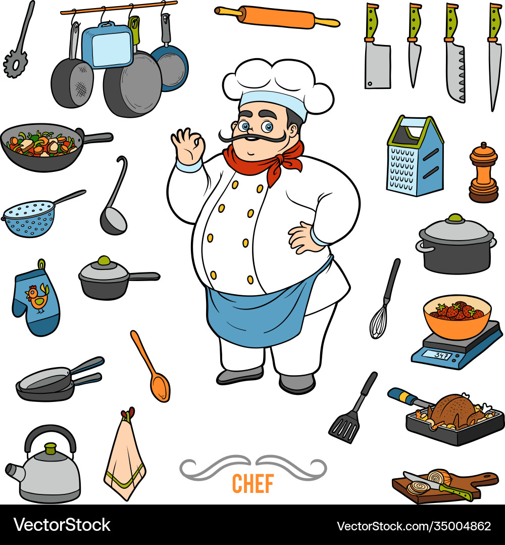 Set with chef and objects for cooking cartoon Vector Image
