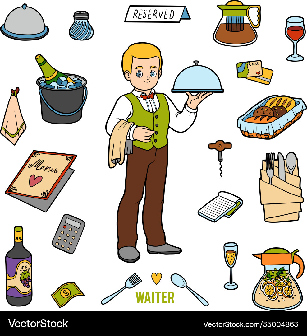 Color set with waiter and objects from Color set with waiter and objects from Vector Image