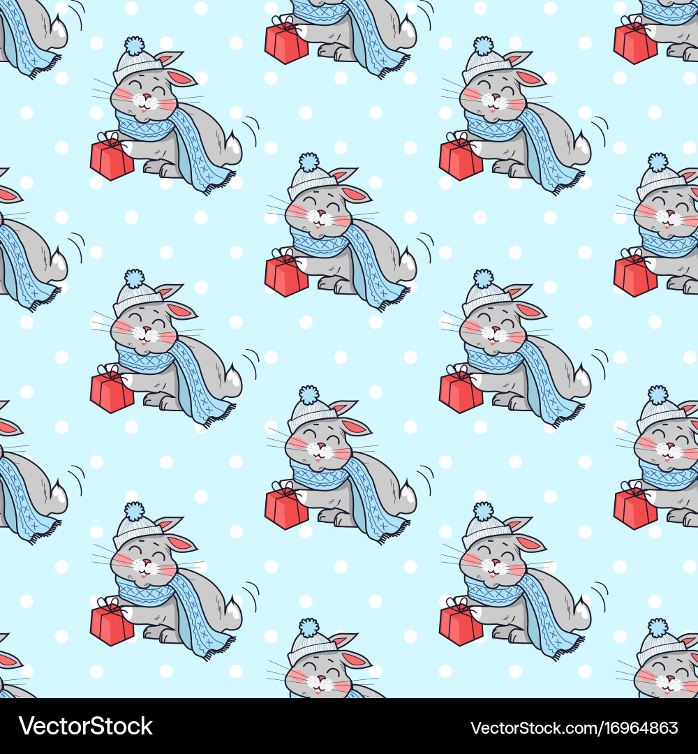 Little rabbit with present box seamless pattern Vector Image
