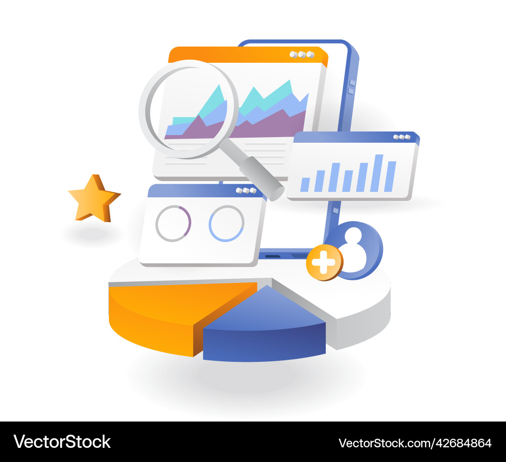 Flat isometric concept team progress analysis data Flat isometric concept team progress analysis data vector image