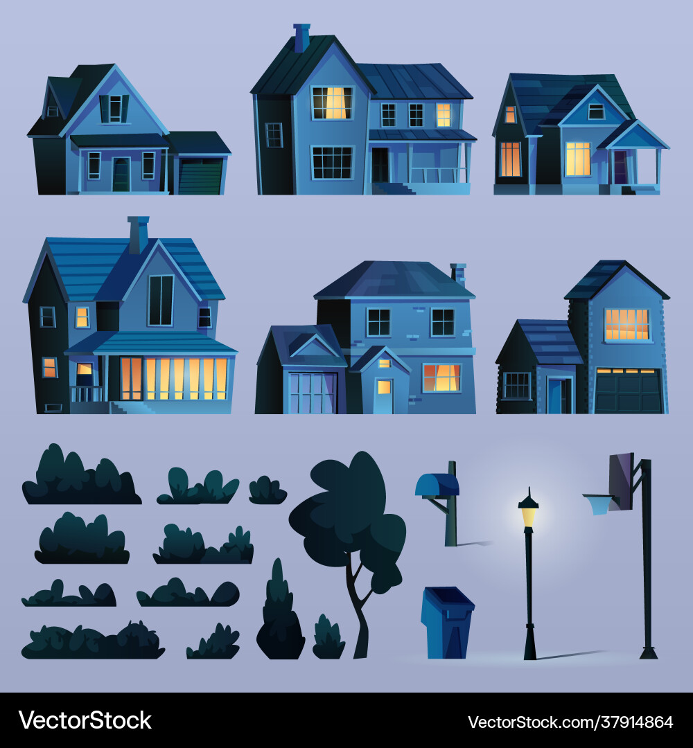 Urban street elements set houses trees at night Urban street elements set houses trees at night vector image