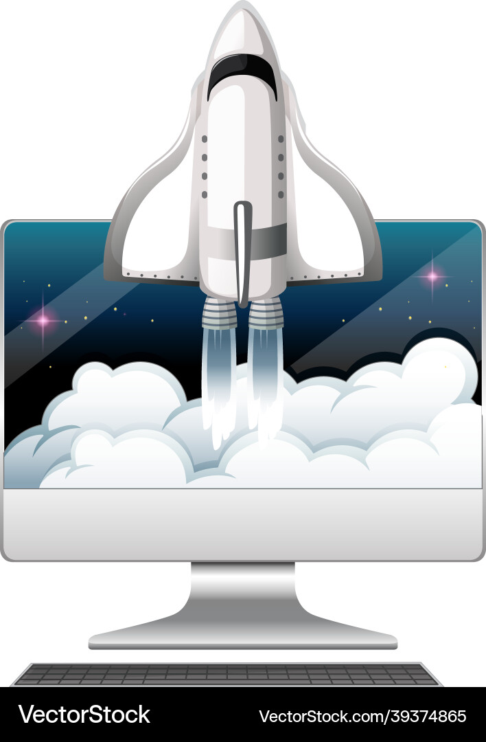 Computer monitor with spaceship on white Vector Image