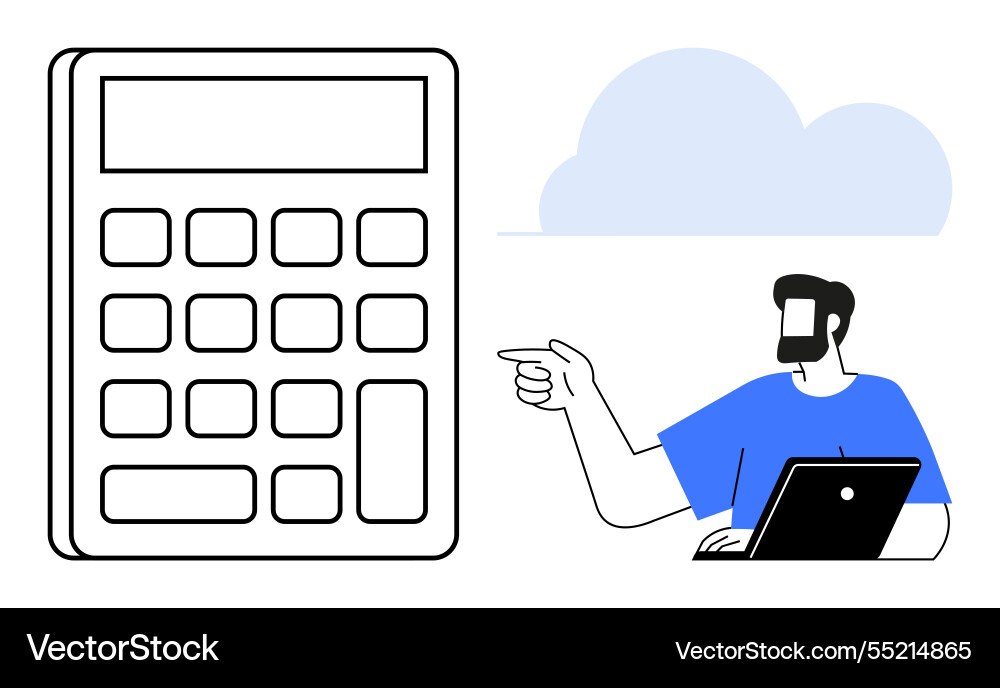 Man pointing at large calculator with cloud Vector Image
