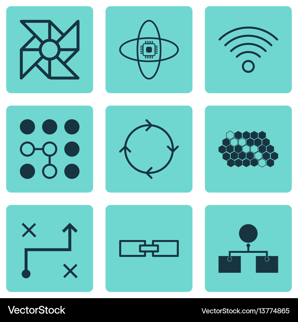Set of 9 machine learning icons includes solution Set of 9 machine learning icons includes solution vector image