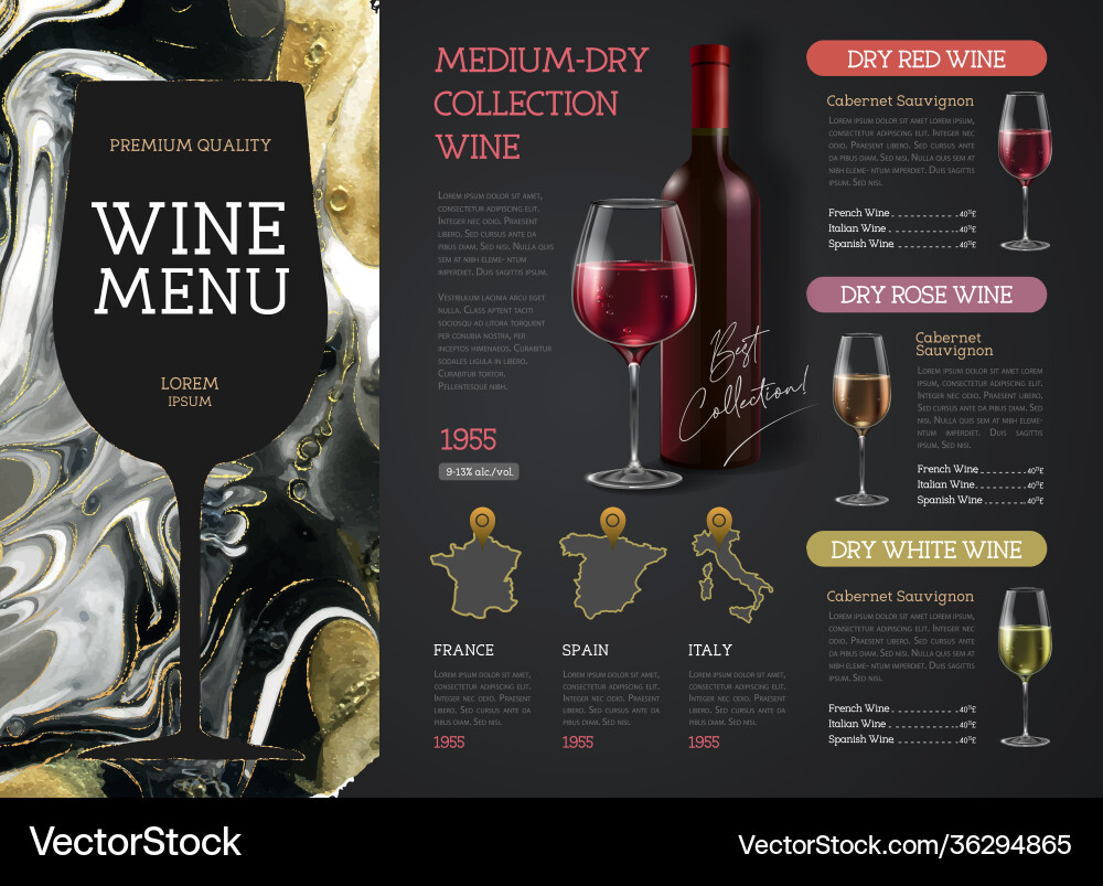 Wine menu design with alcohol ink texture vector image