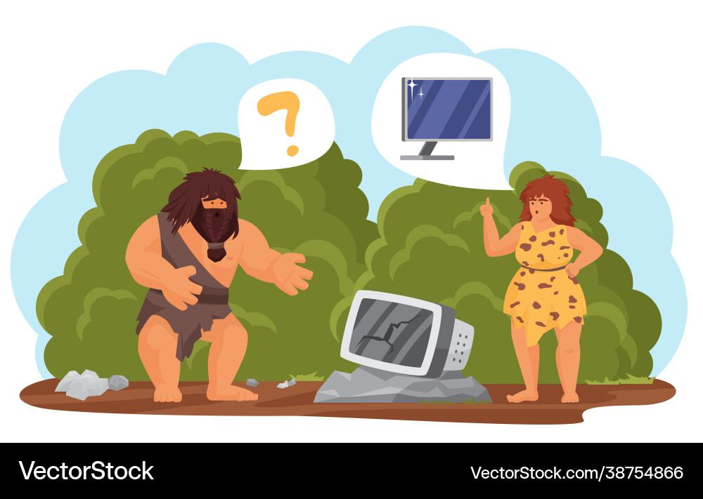 Caveman and Computer - Tech Evolution Royalty Free Vector