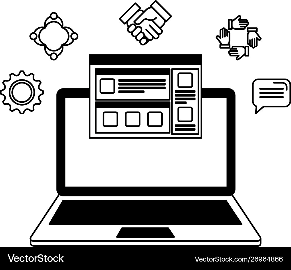 Laptop with webpage template and set icons Laptop with webpage template and set icons vector image