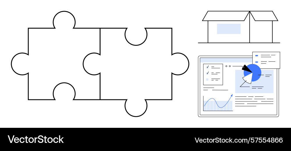 Puzzle pieces box and dashboard with analytics Puzzle pieces box and dashboard with analytics vector image