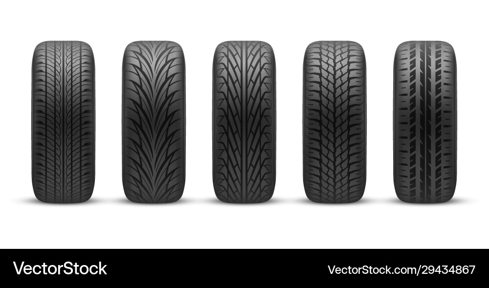 Realistic car tires with different tread patterns Realistic car tires with different tread patterns vector image