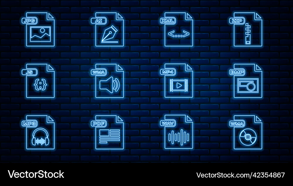 Set line wma file document bmp xml js jpg mp4 Set line wma file document bmp xml js jpg mp4 vector image