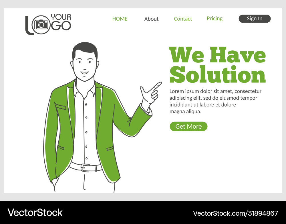We have solution landing page in thin line style vector image