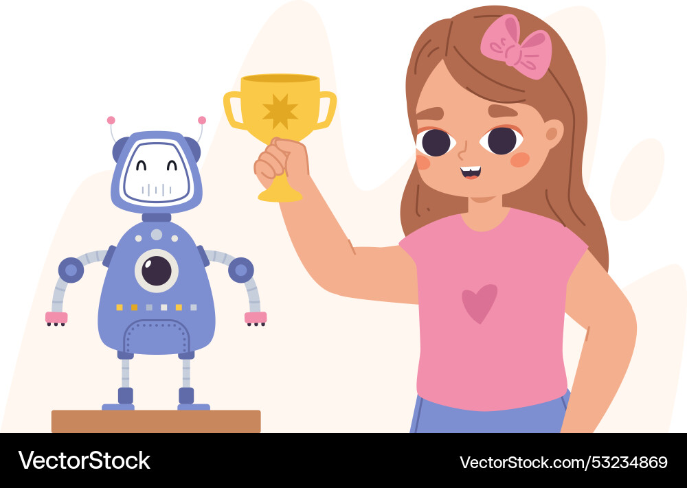 Kid programming robot on robotics competition Vector Image