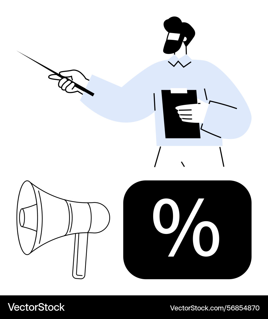 Businessman with pointer explaining data alongside Businessman with pointer explaining data alongside vector image