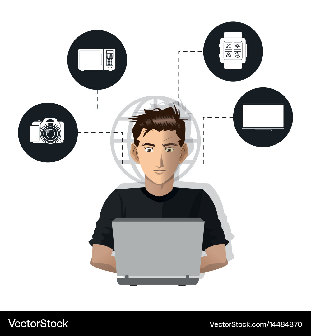 Man usign computer internet things icons Vector Image