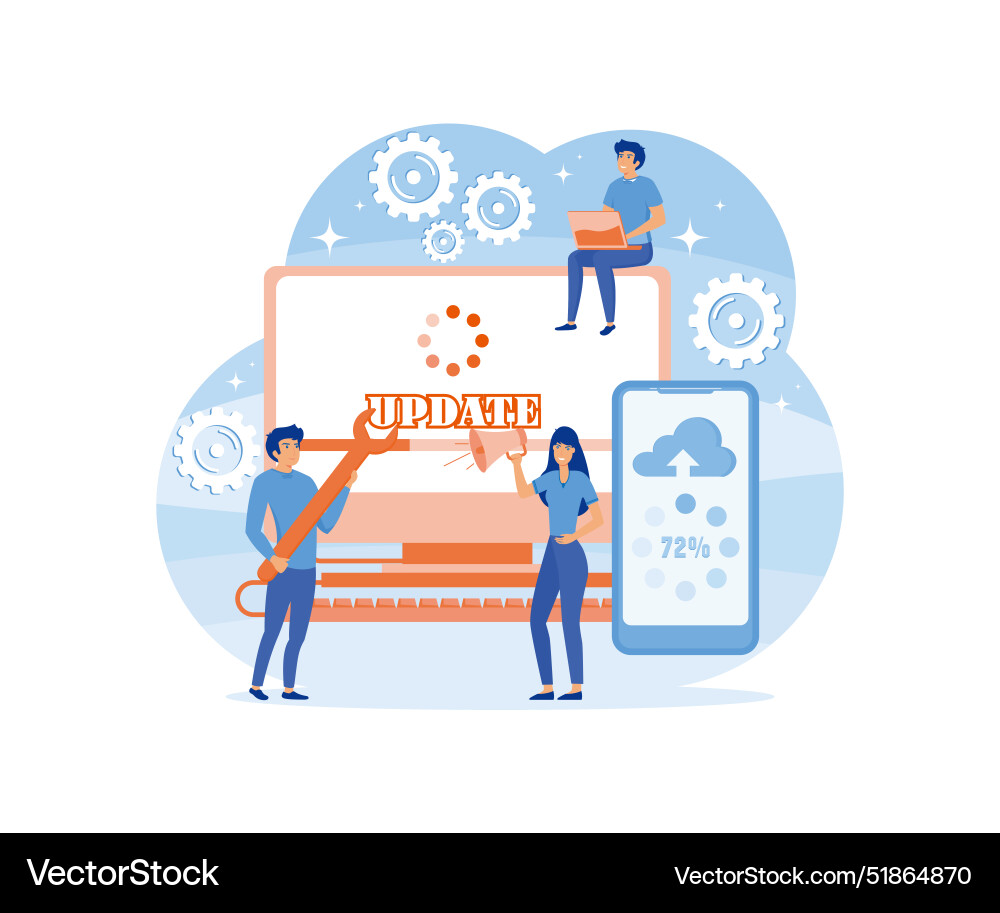 System updates with people updating operation System updates with people updating operation vector image