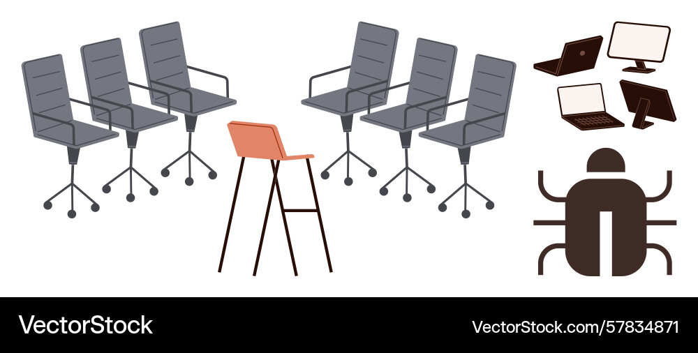 Office chairs computers and bug symbol Vector Image