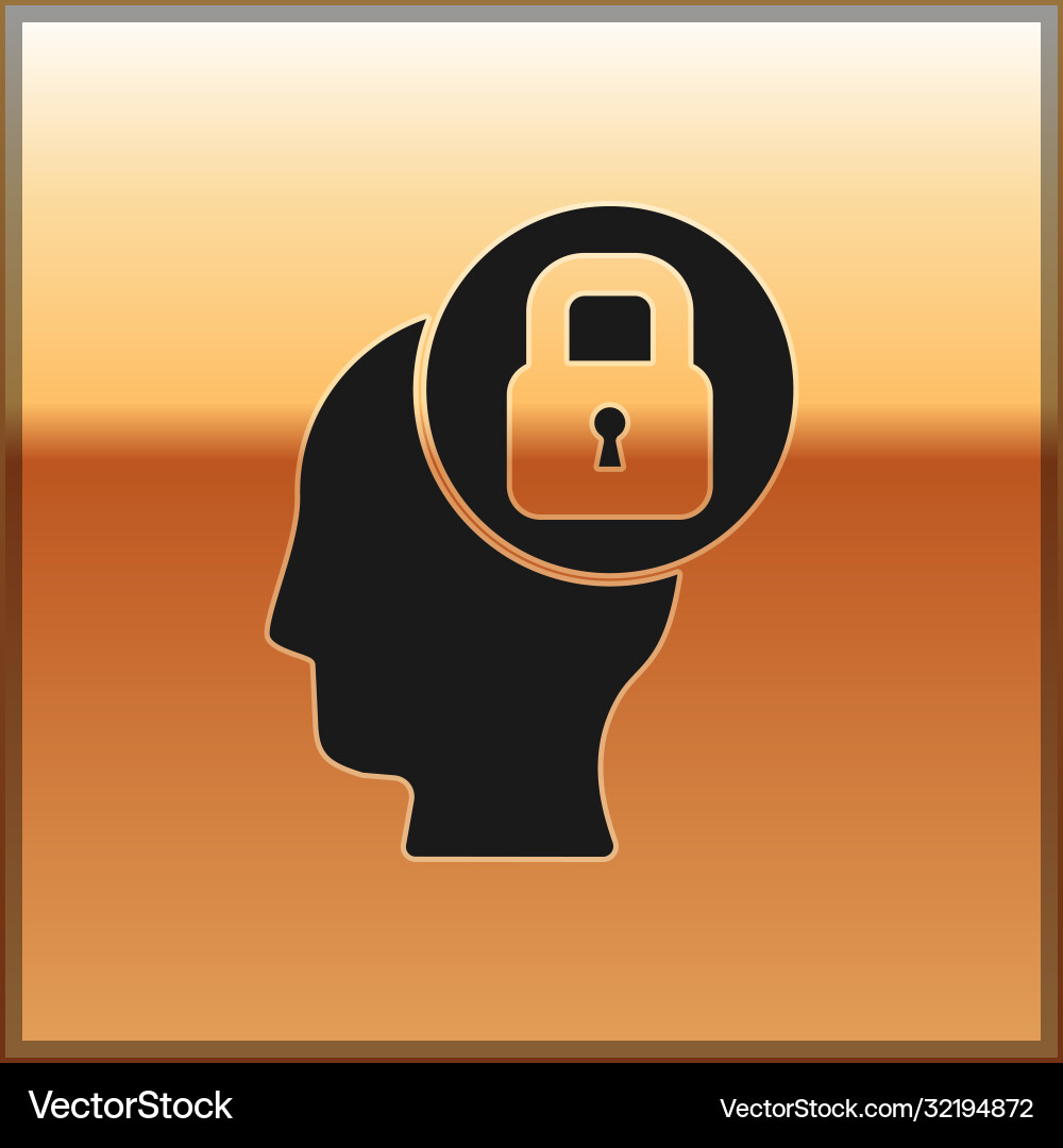 Black human head with lock icon isolated on gold Black human head with lock icon isolated on gold Vector Image