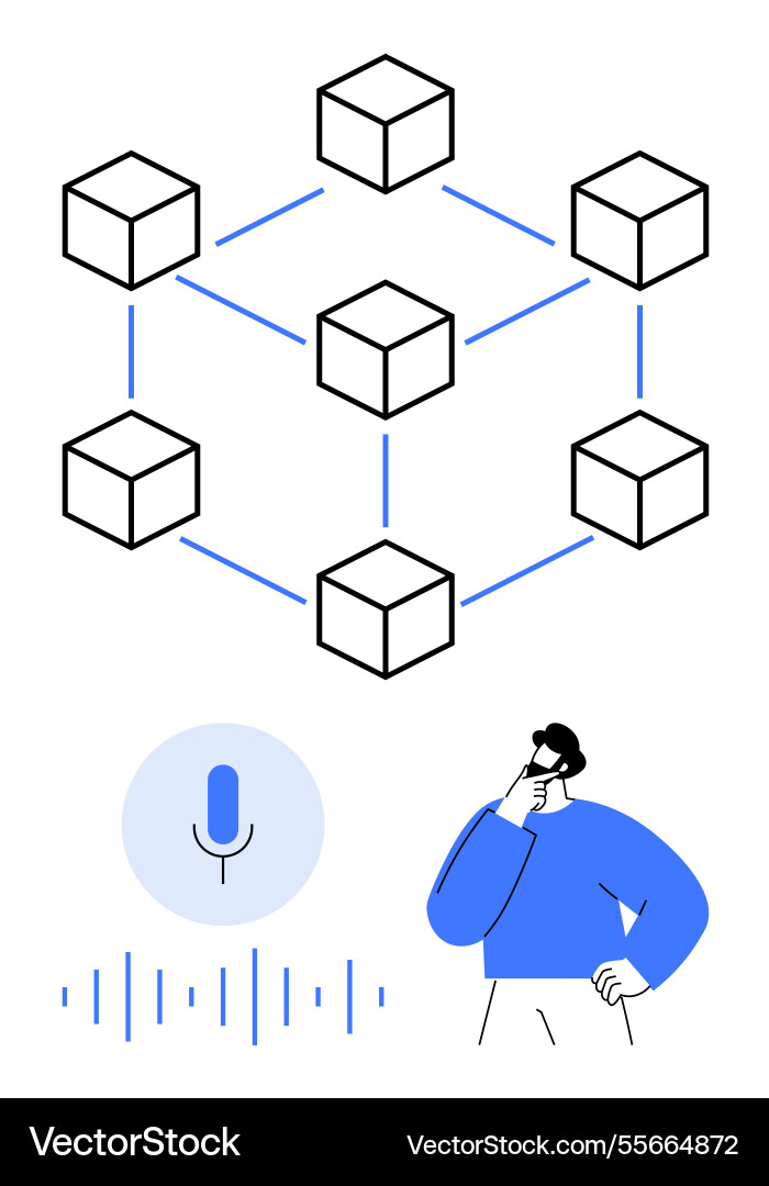 Blockchain network connection with thoughtful man Vector Image
