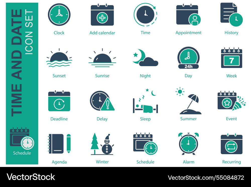 Time and date icon set solid style Time and date icon set solid style vector image