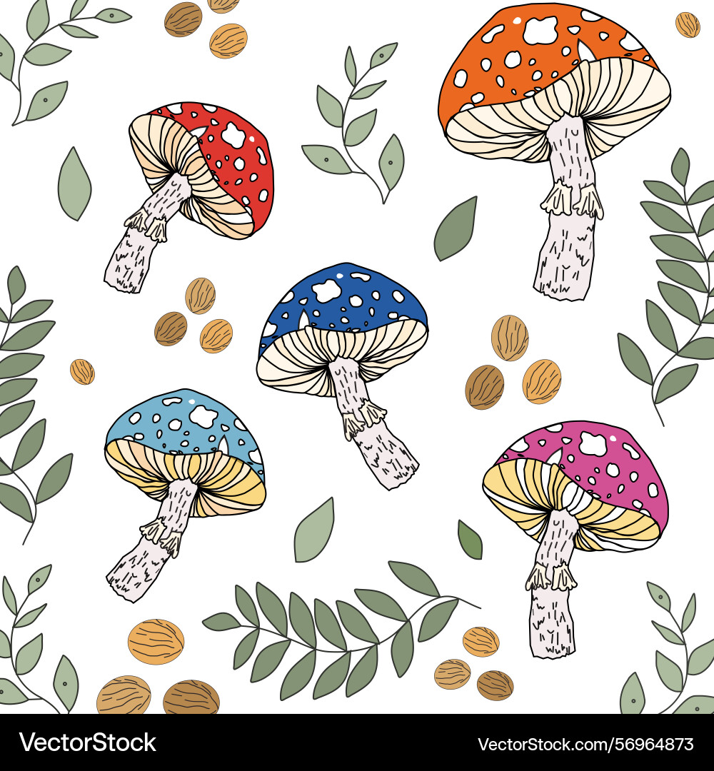 Mushrooms seamless pattern with nuts vector image