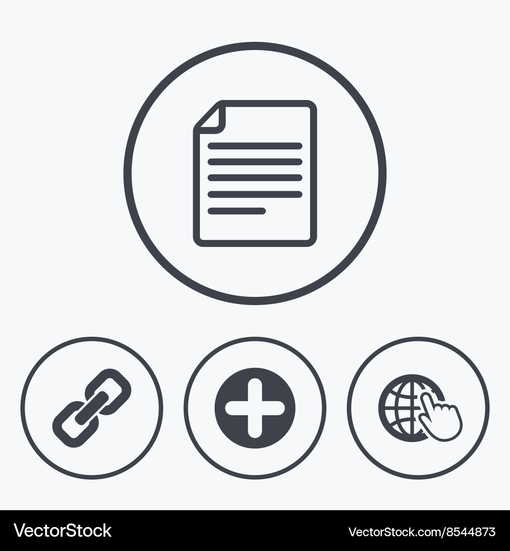 Plus circle and hyperlink signs file globe vector image