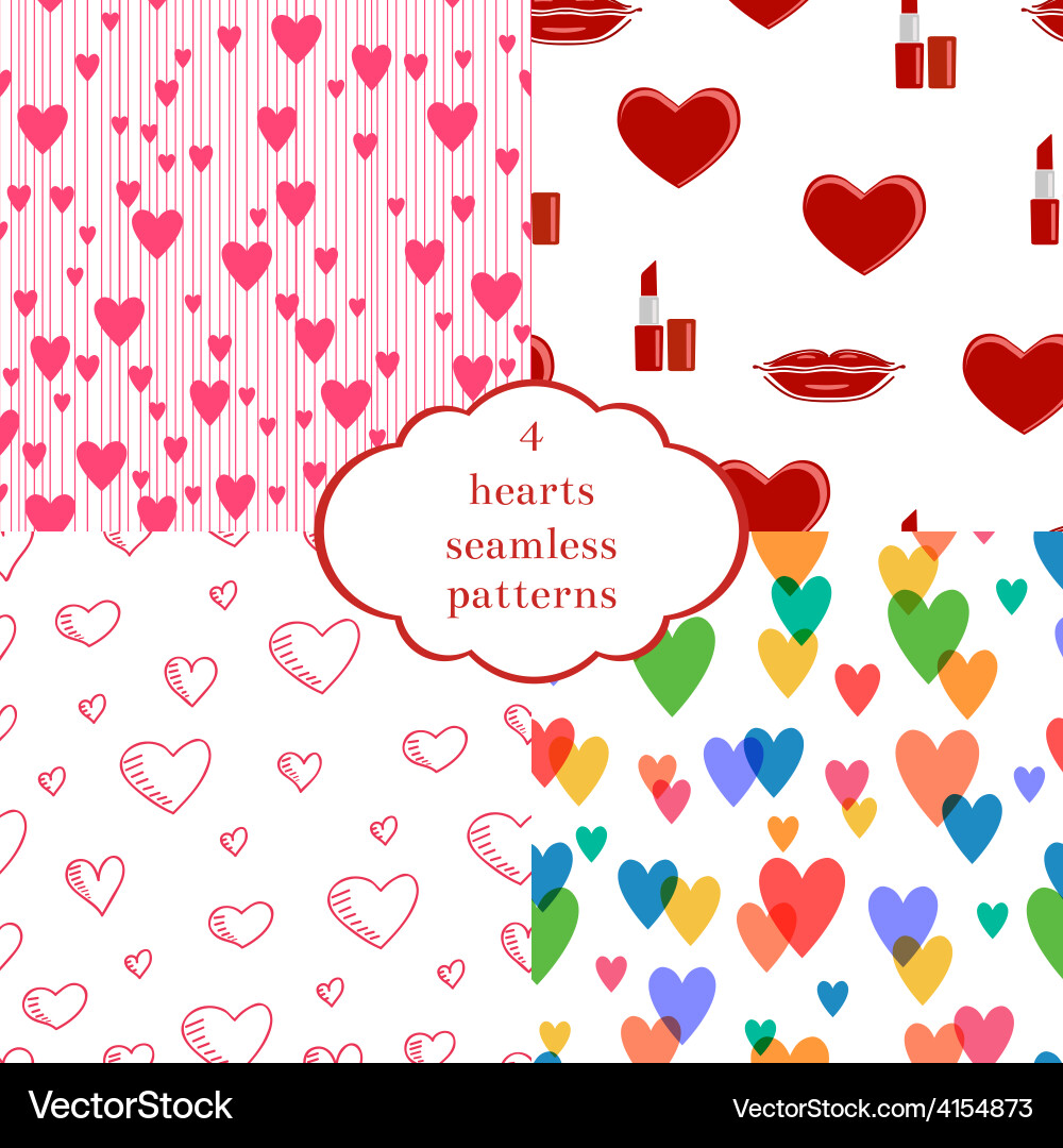 Set of 4 seamless patterns with hearts vector image