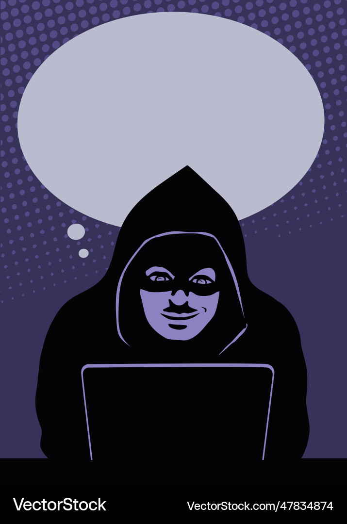 Cracker man with laptop and bubble for text Cracker man with laptop and bubble for text vector image