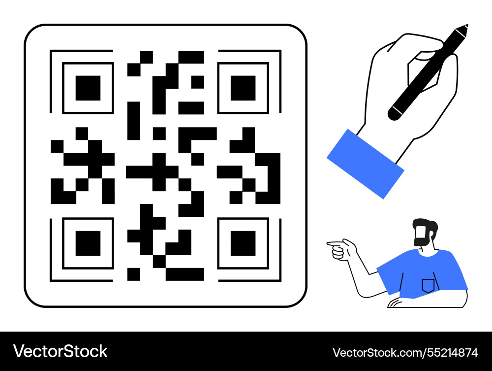 Qr code with handwriting and pointing man Qr code with handwriting and pointing man vector image