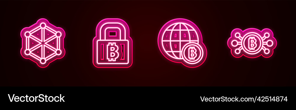 Set line blockchain technology lock with bitcoin Vector Image