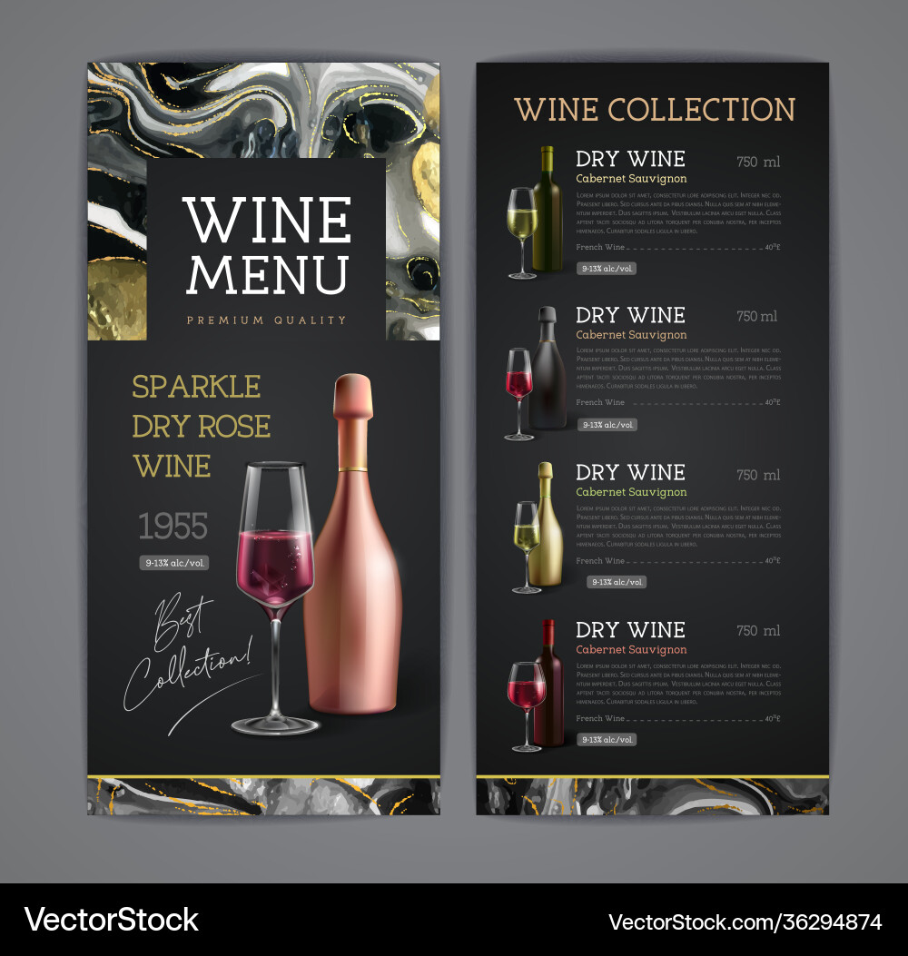 Wine menu design with alcohol ink texture vector image