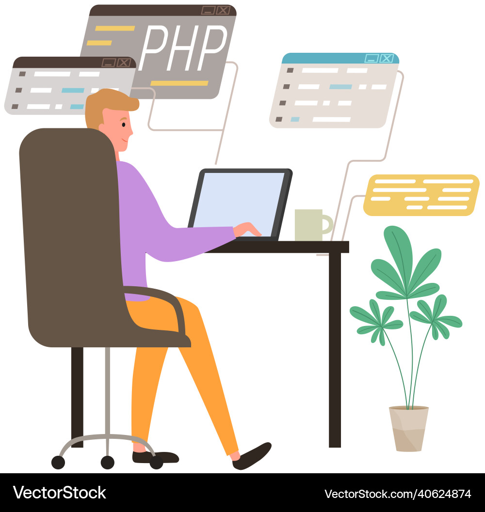 Young man programmer coding and correct errors Young man programmer coding and correct errors vector image