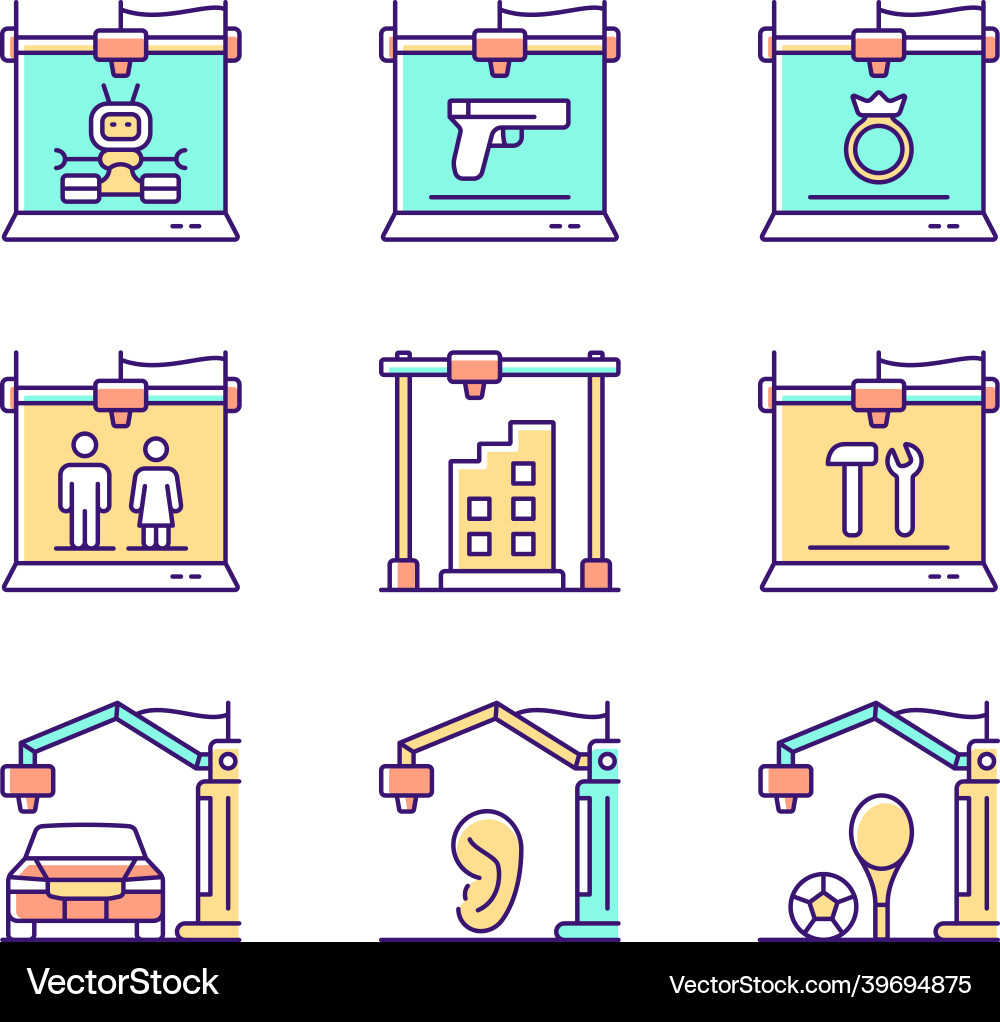 3d printing process rgb color icons set 3d printing process rgb color icons set vector image