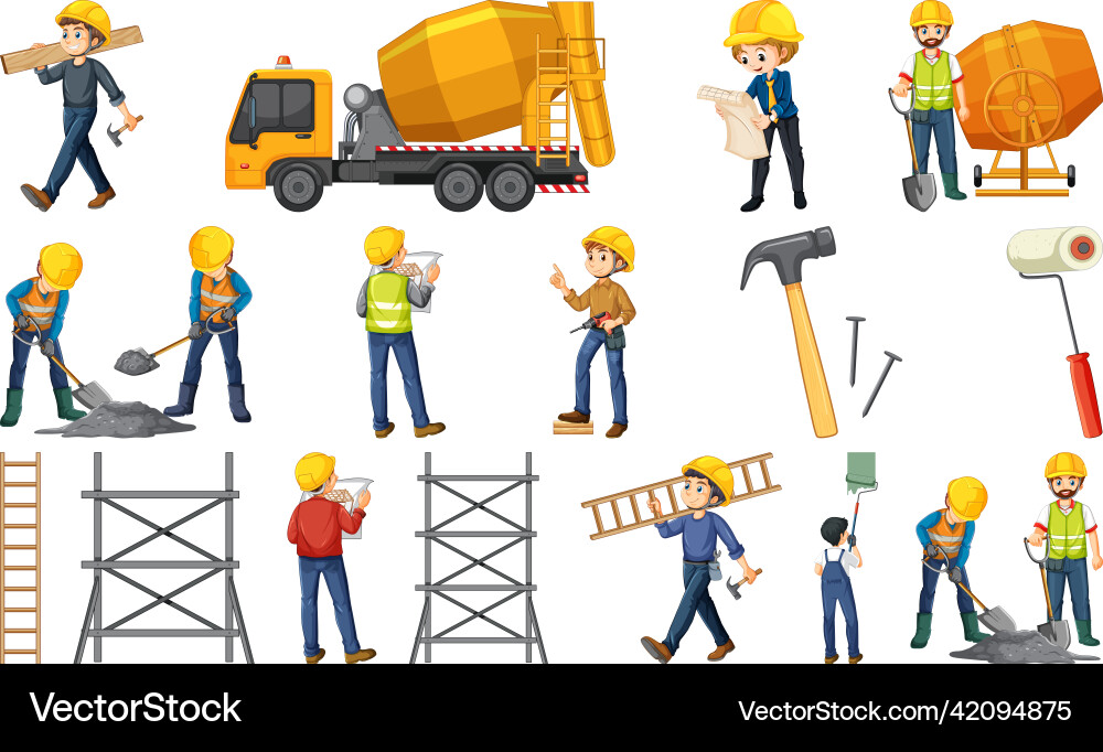 Construction worker set with people and tools vector image