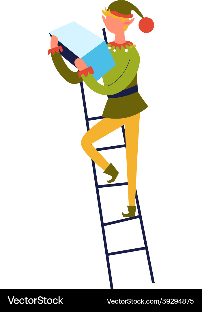 Elf with list standing on ladder xmas character Elf with list standing on ladder xmas character vector image