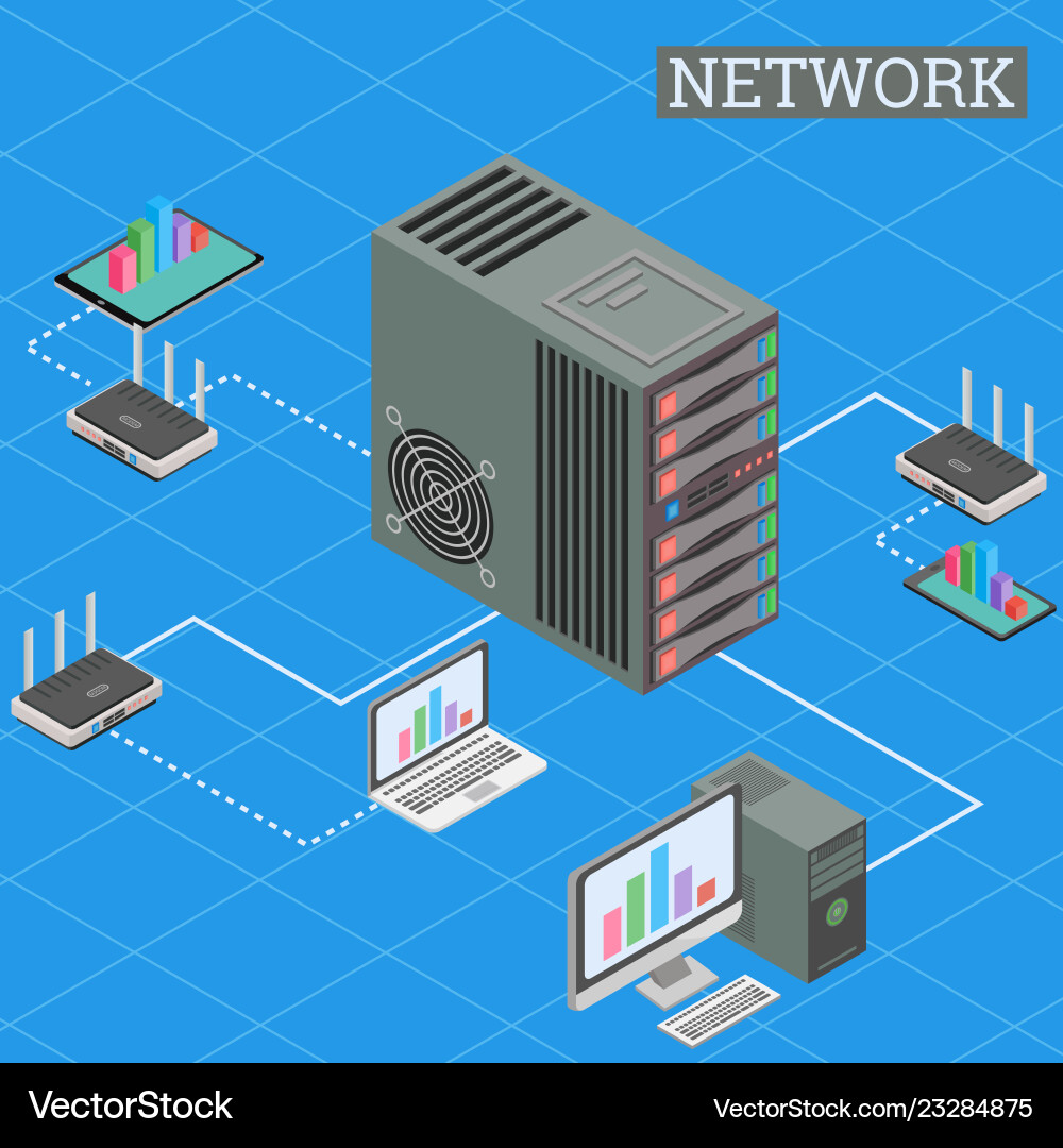 Isometric networking conncetion internet network vector image