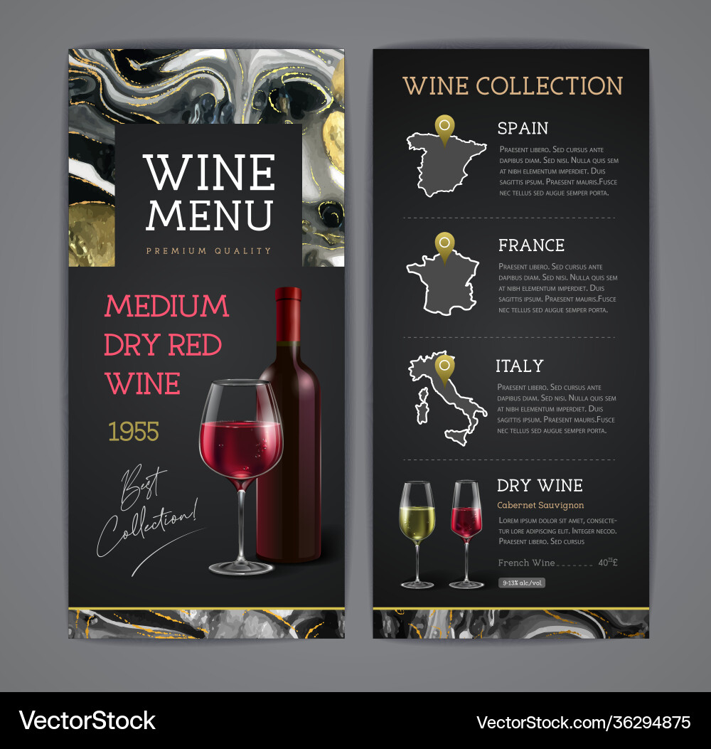 Wine menu design with alcohol ink texture Wine menu design with alcohol ink texture vector image