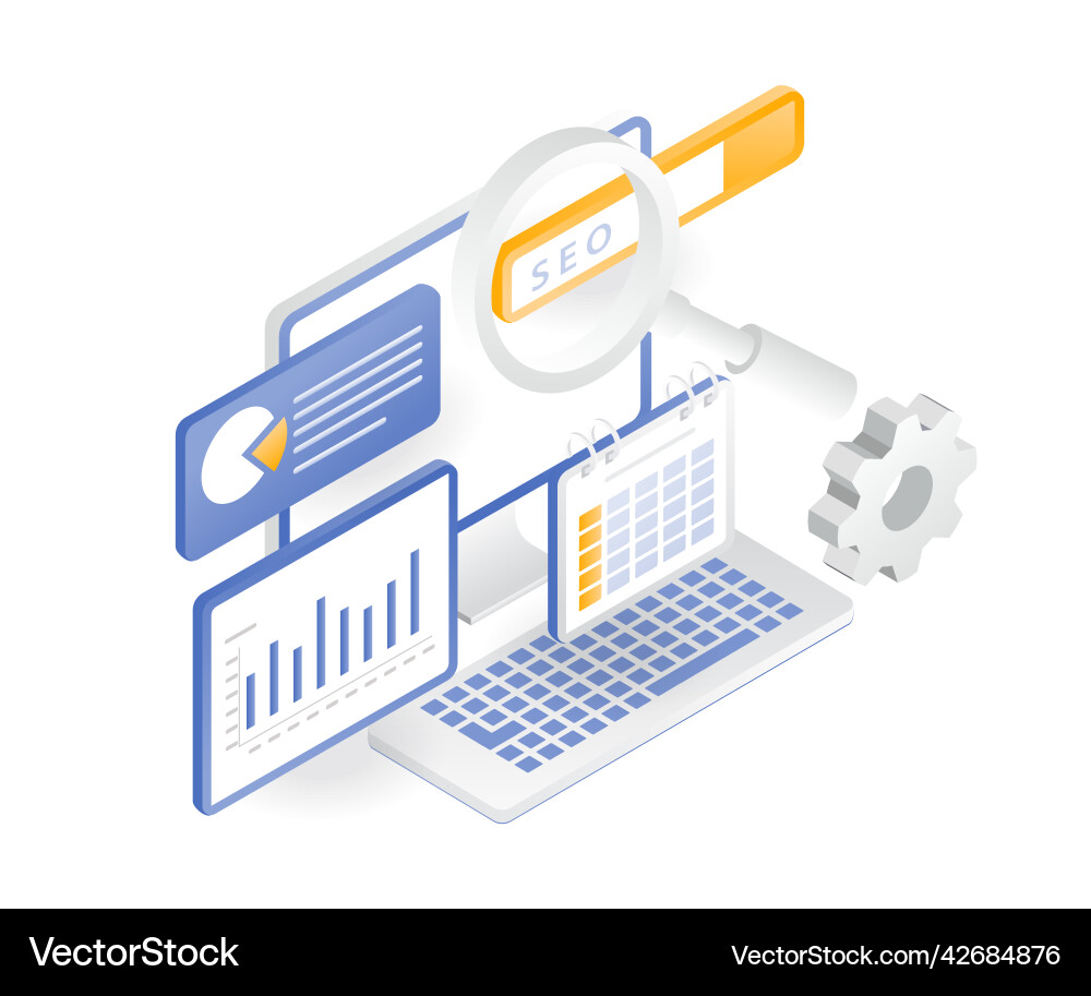 Flat isometric concept web seo optimization Flat isometric concept web seo optimization vector image