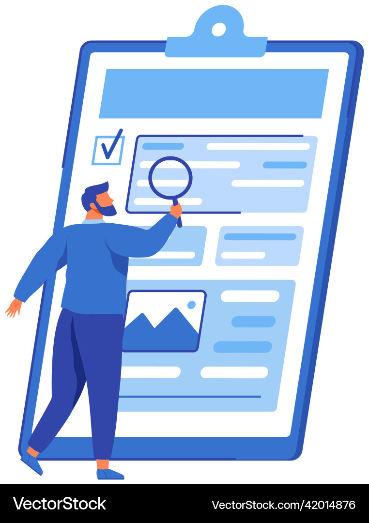 Man with loupe looking for information in text Man with loupe looking for information in text vector image